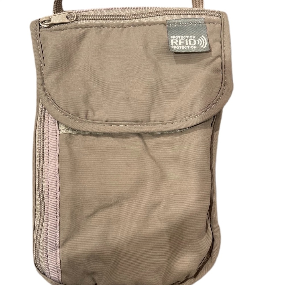 Gently used beige neck travel document holder and wallet